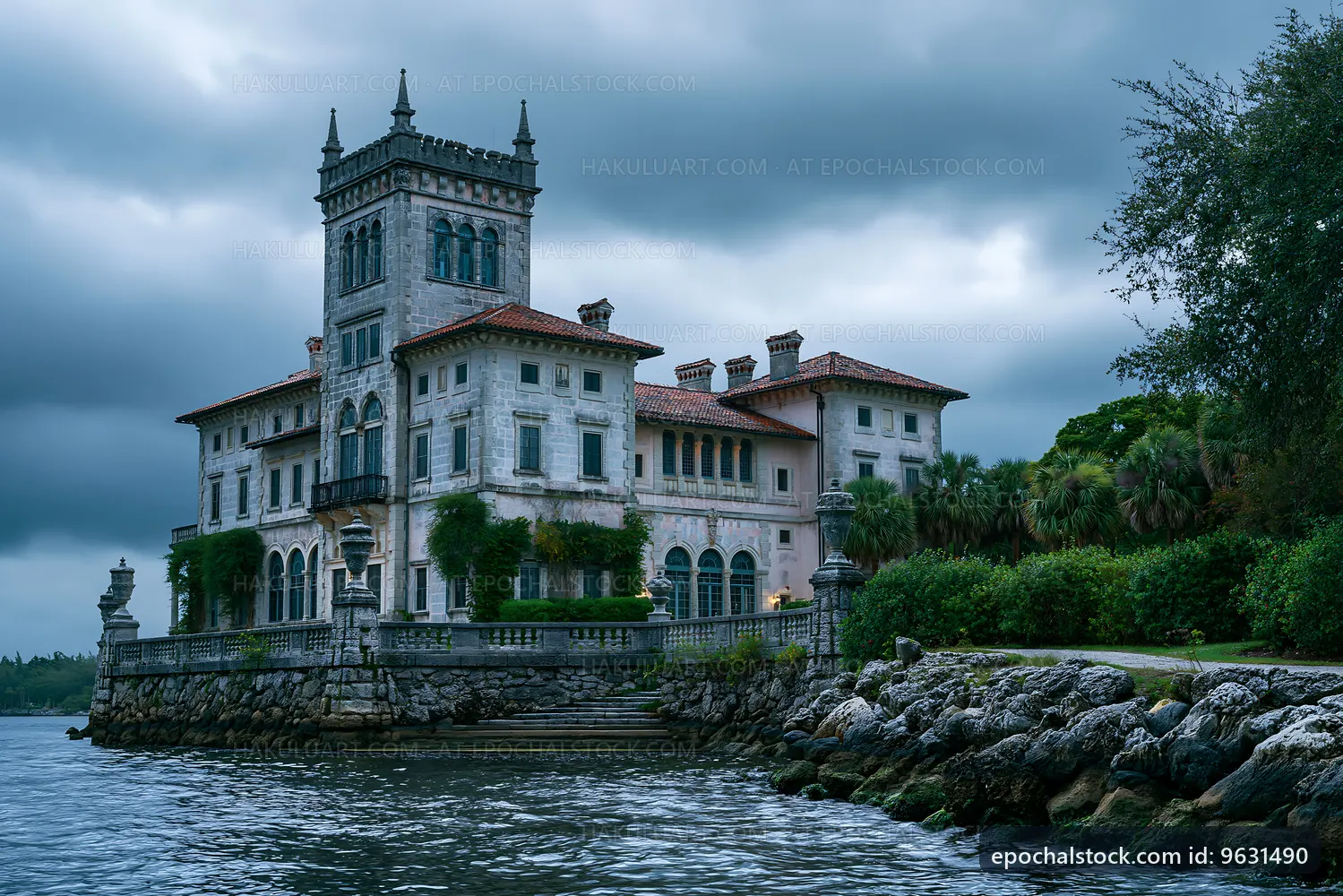 Historic mansion on the shores of a lake under cloudy sky