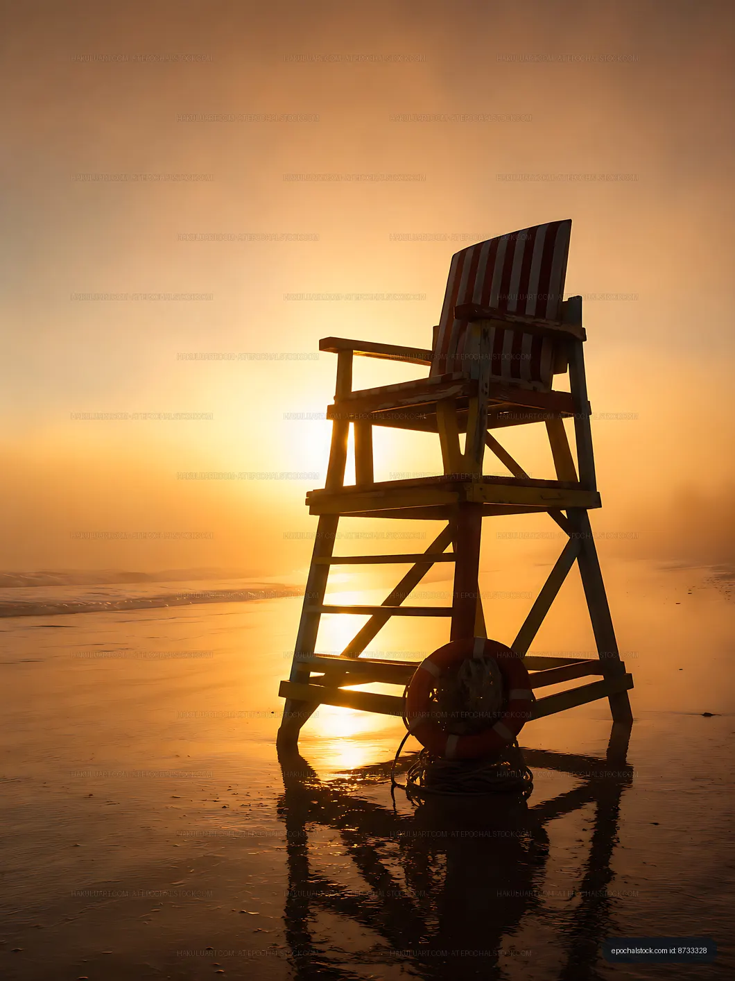 Lifeguard chair at sunset on a beach