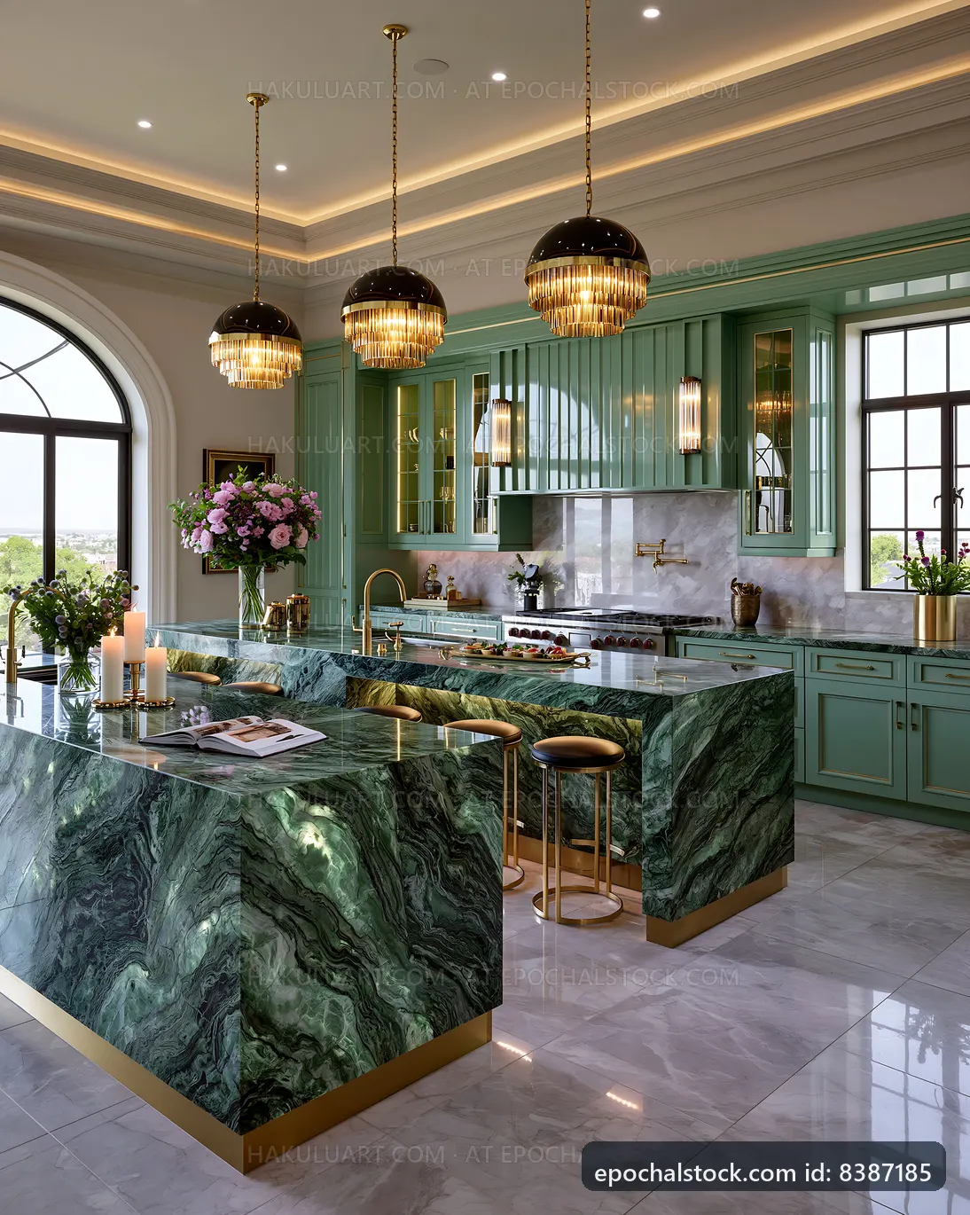 Modern kitchen design with green marble and gold accents