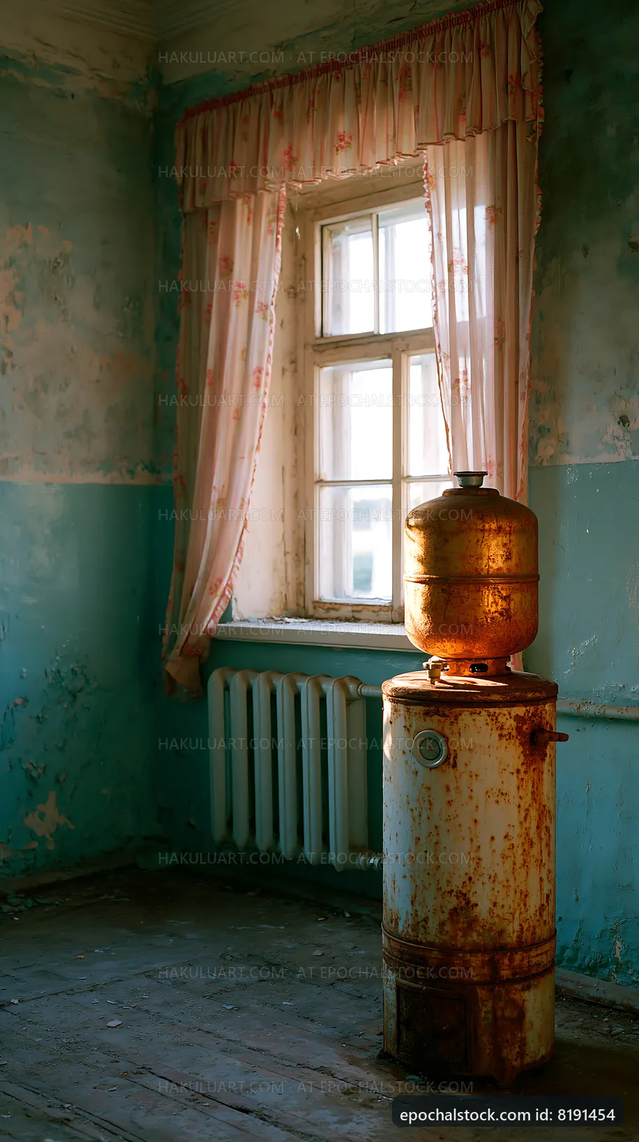 Rusty water heater near a window in an old room
