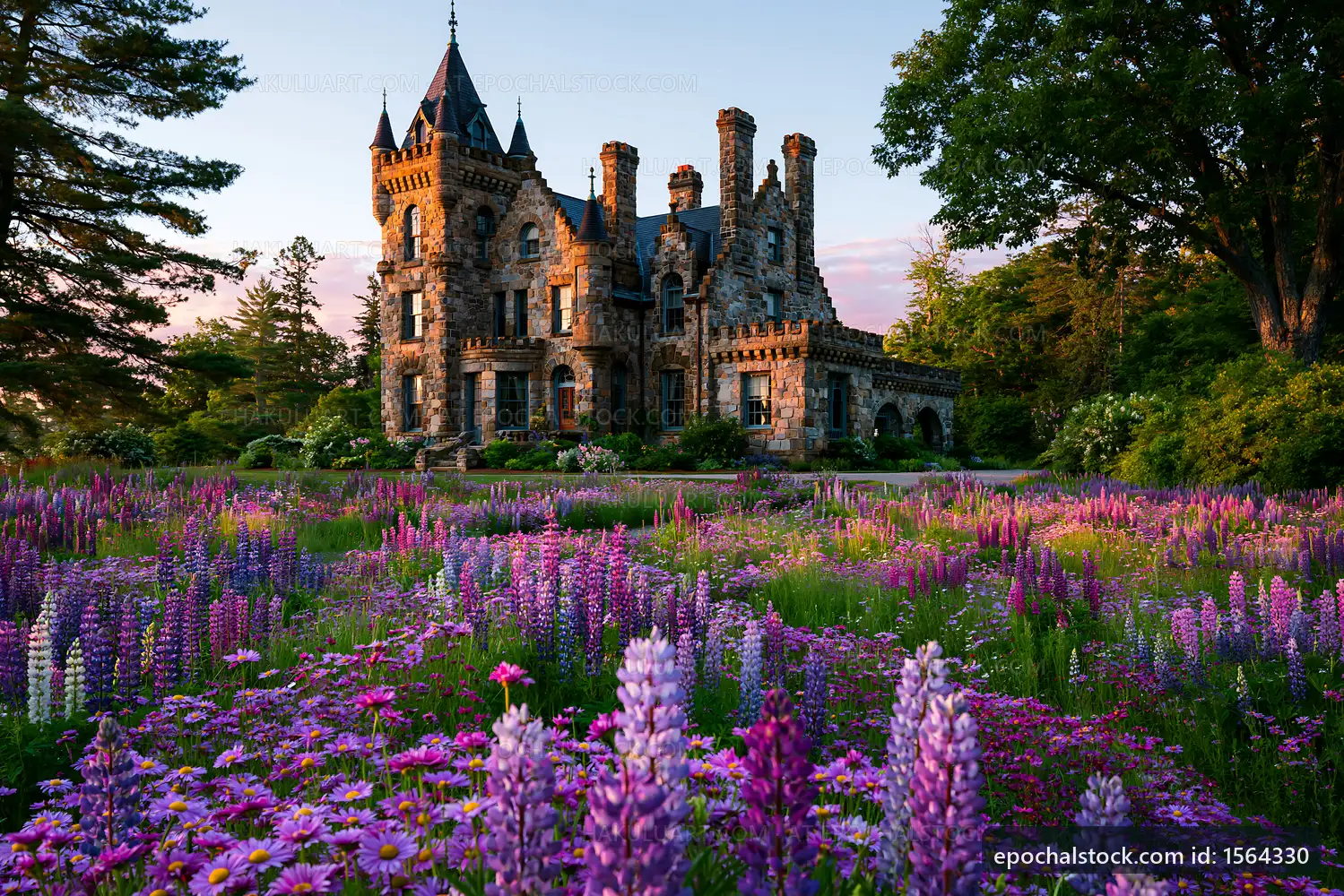 Stone mansion surrounded by colorful flowers in sunset light