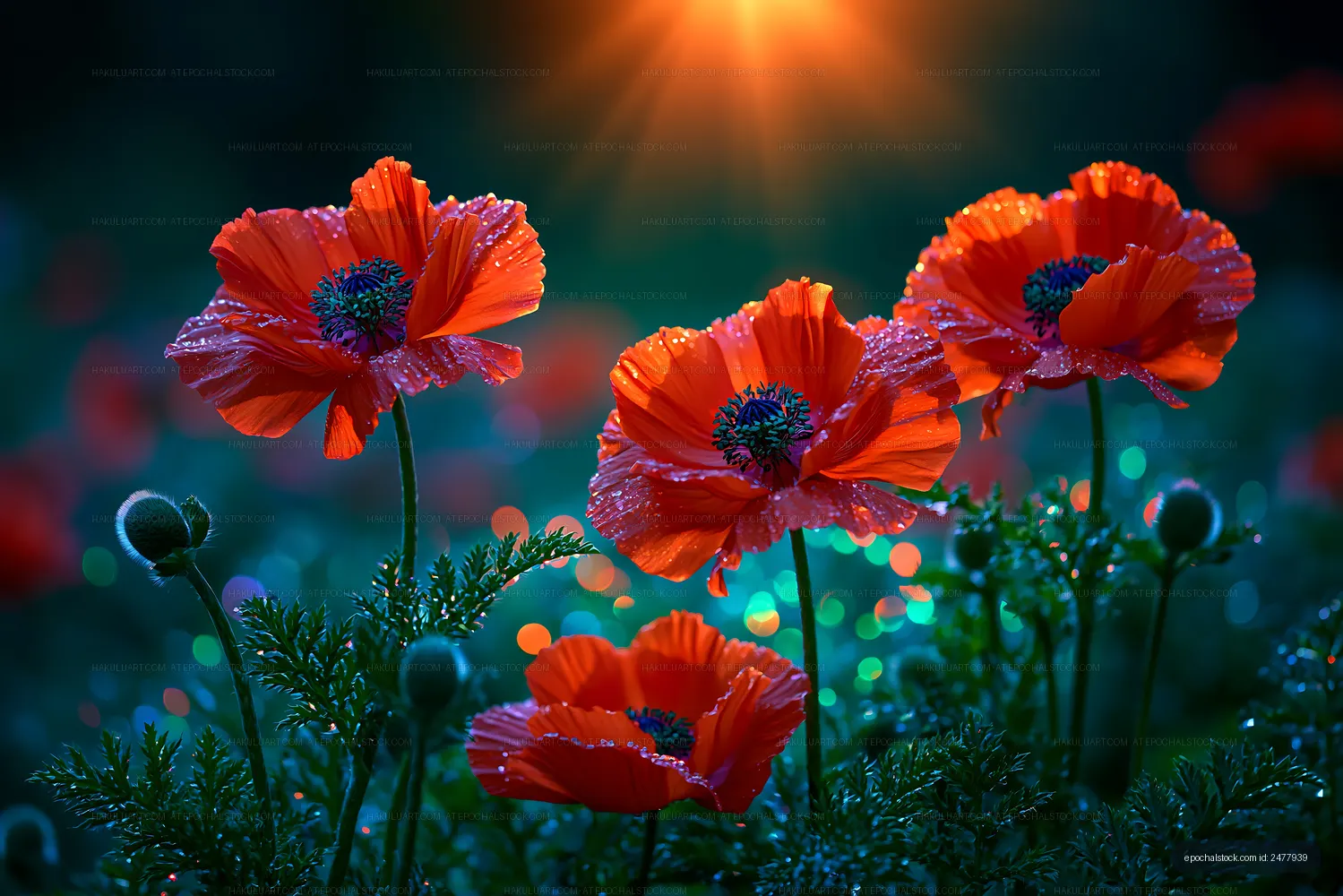 Bright red flowers in a field during sunrise