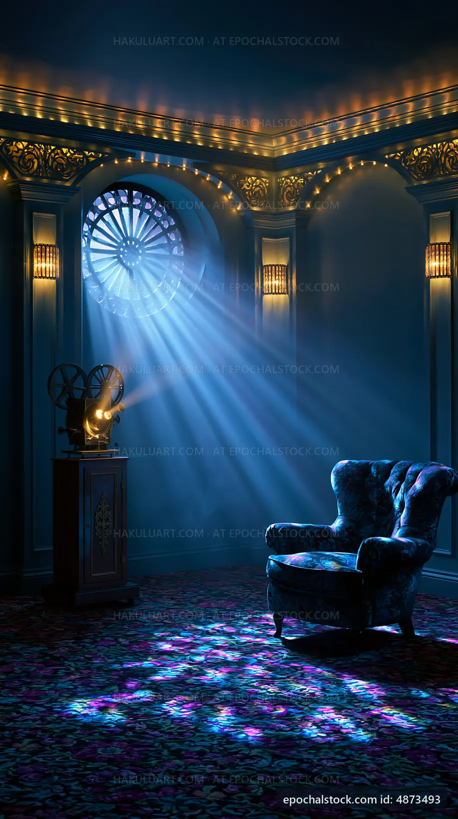 Cozy room with armchair and vintage projector in soft light