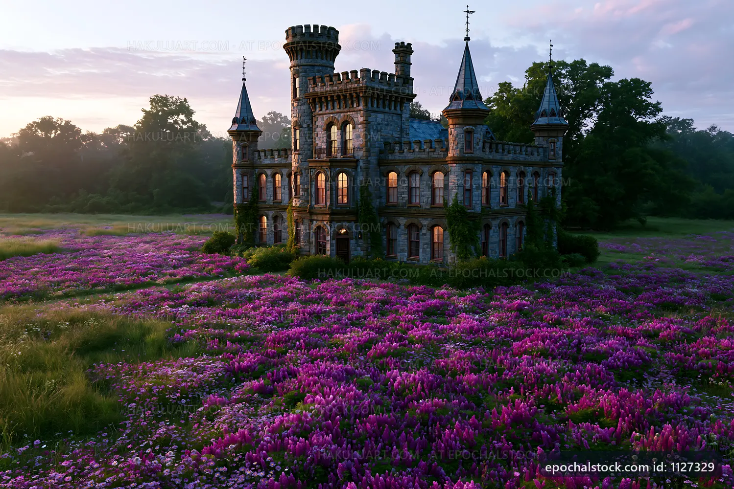Castle surrounded by purple flowers at sunrise