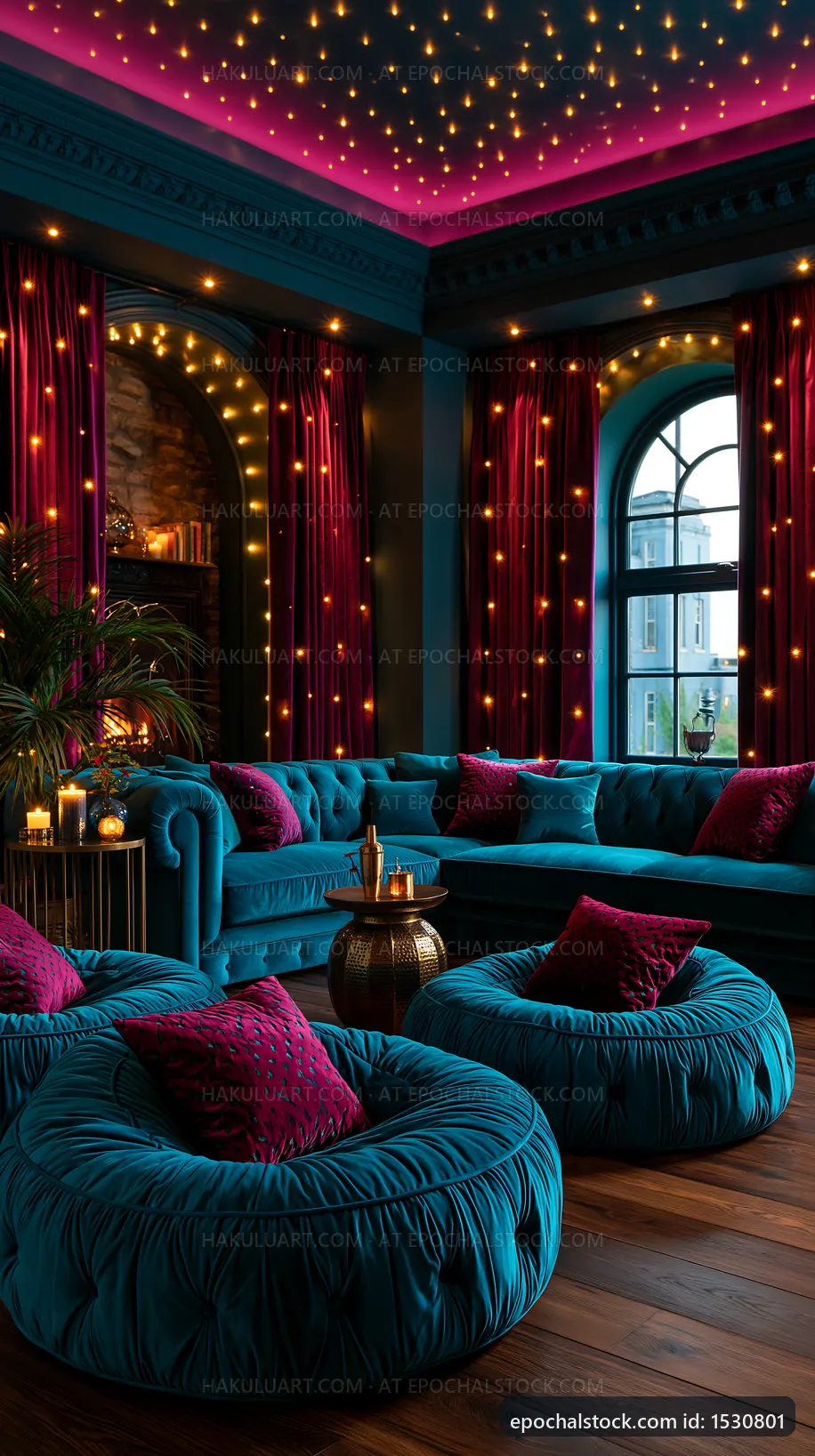 Cozy living room with colorful decor and warm lighting