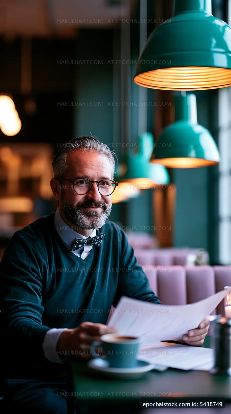 Man reading menu in cafe with modern lighting