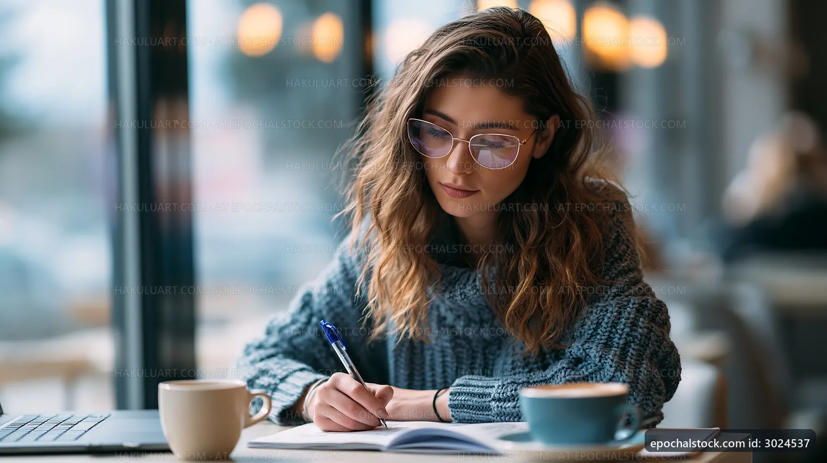 Woman writing notes in a coffee shop
