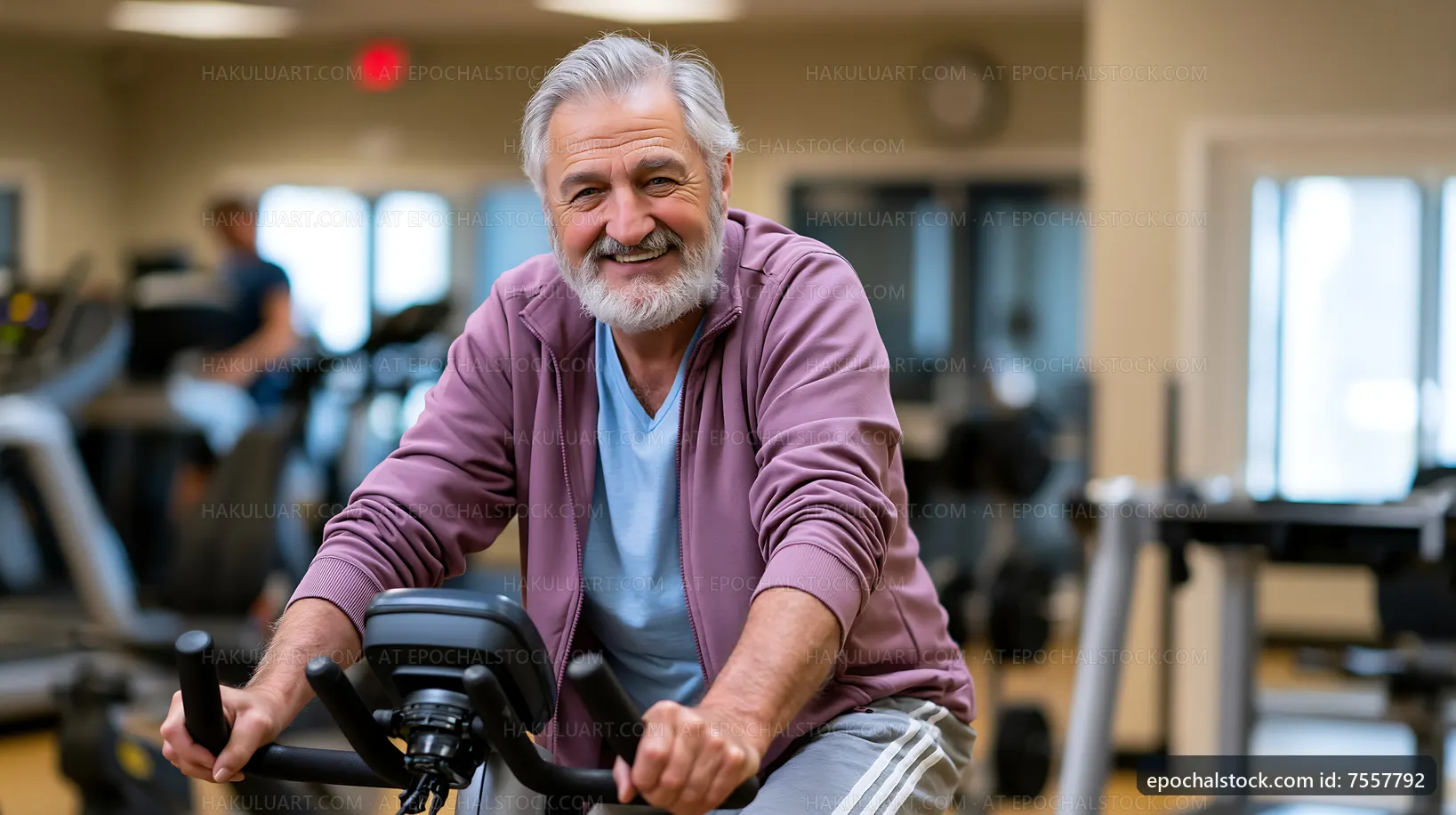 Senior man cycling in gym on exercise bike