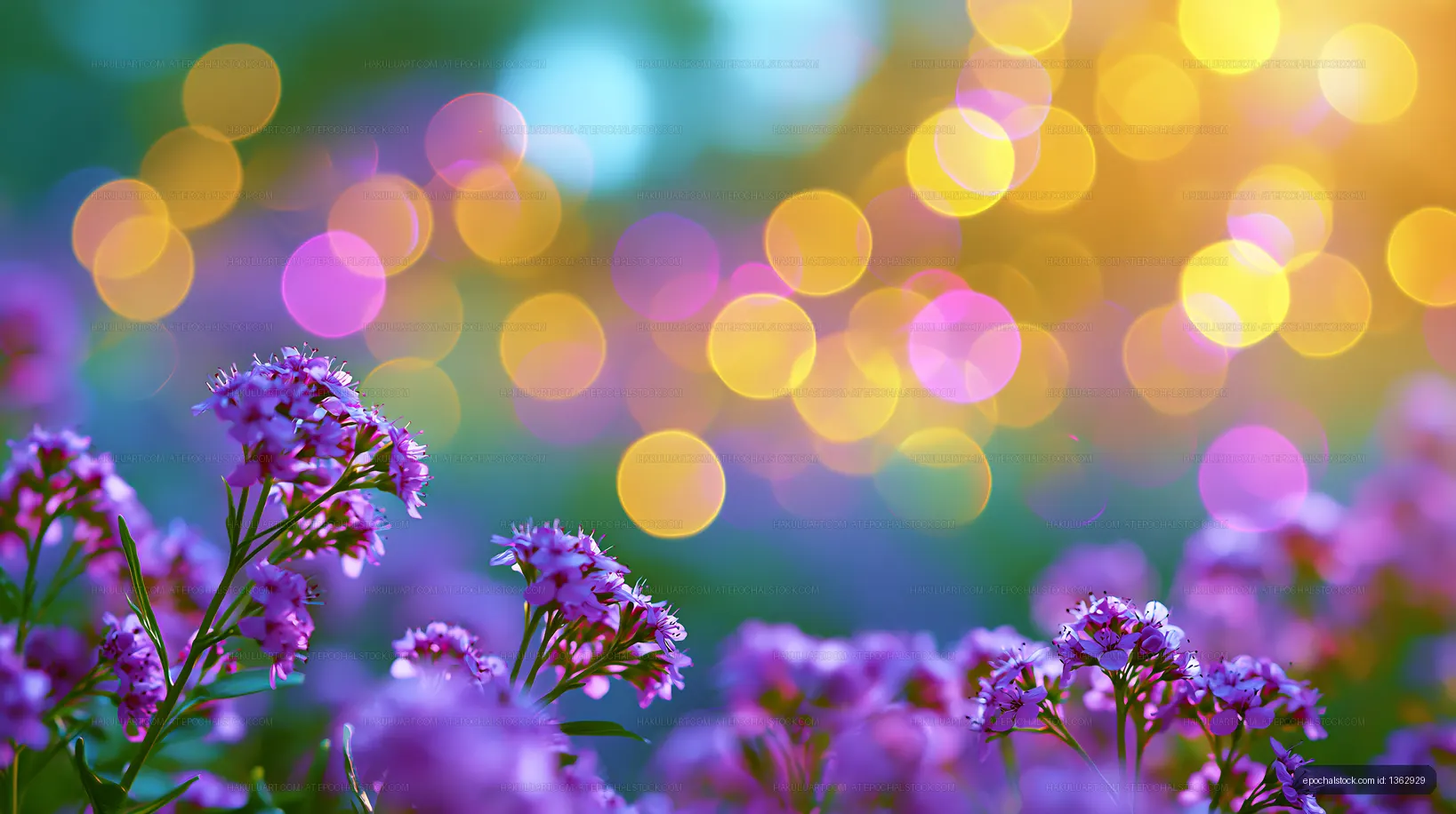 Vibrant flowers with soft bokeh lights in a garden setting