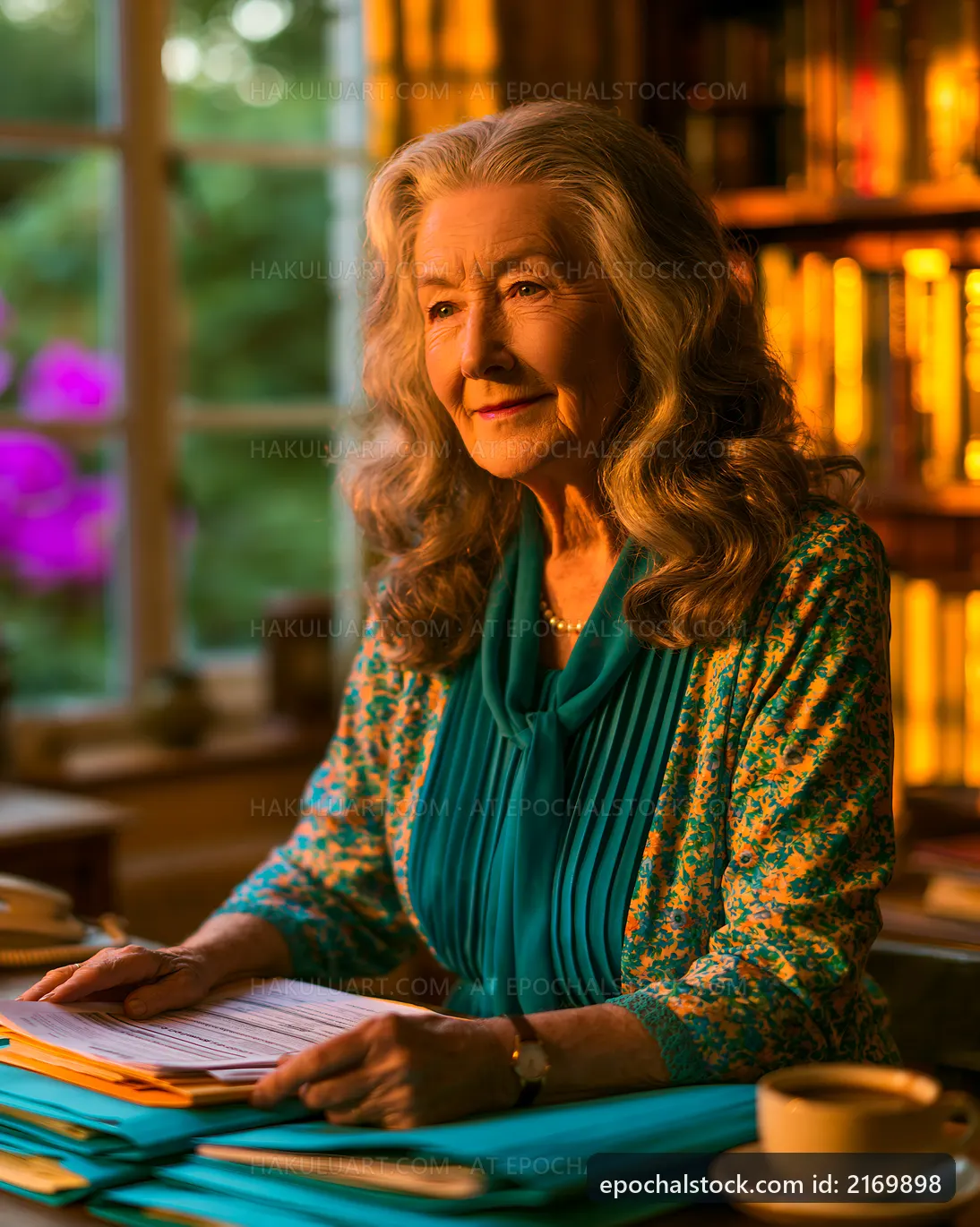 Elder woman sitting at table with files and warm light