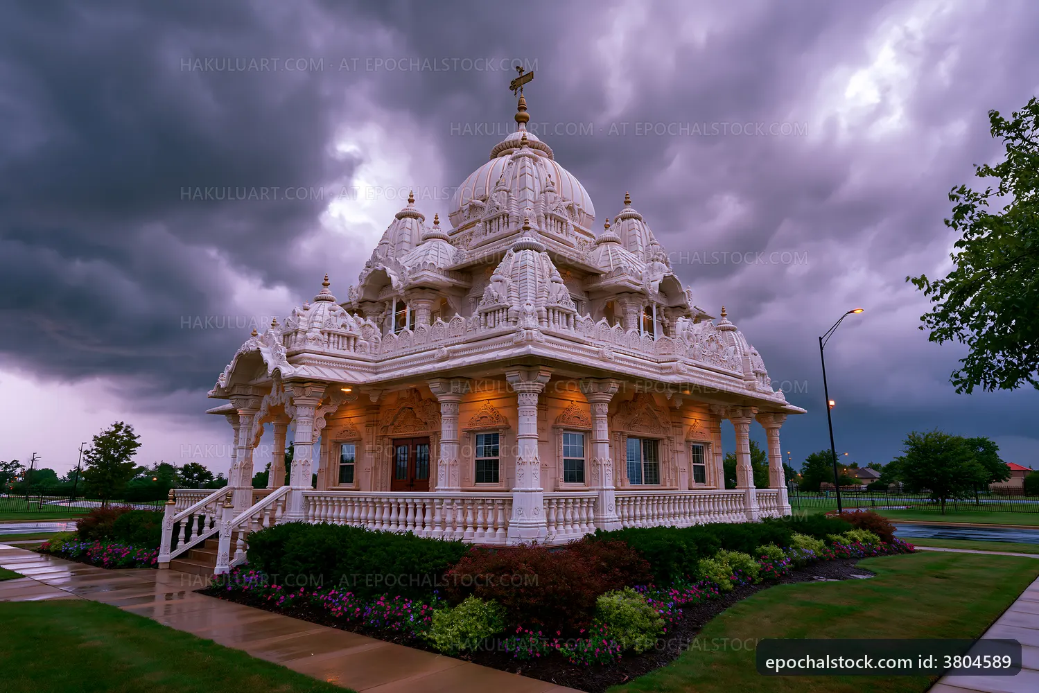 Indian temple with ornate architecture under dark stormy sky