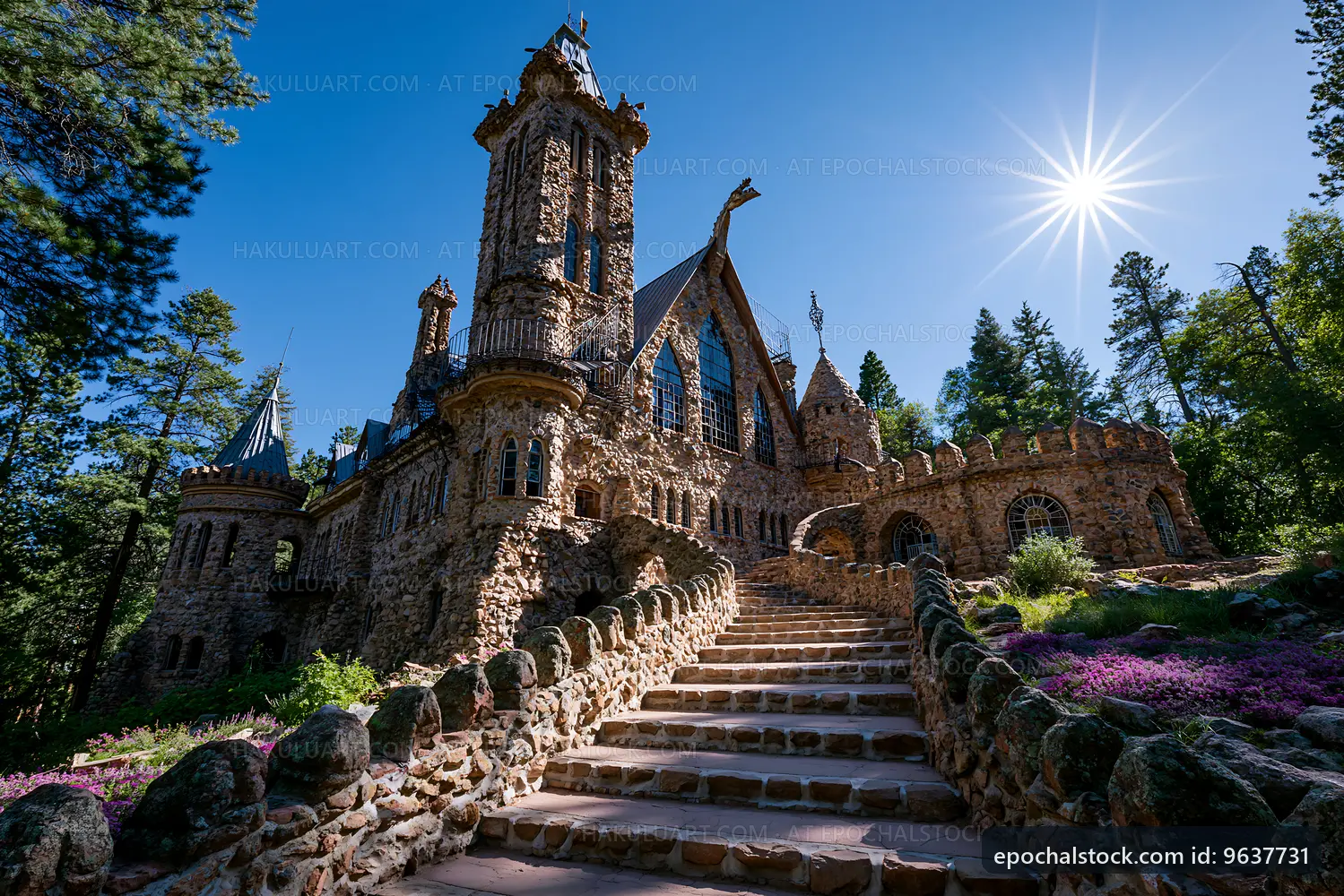 Stone castle surrounded by trees and flowers in bright sunlight