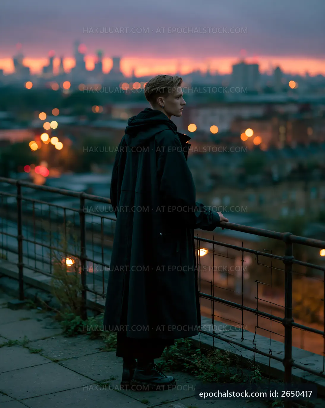 Man standing on a rooftop during sunset in a city