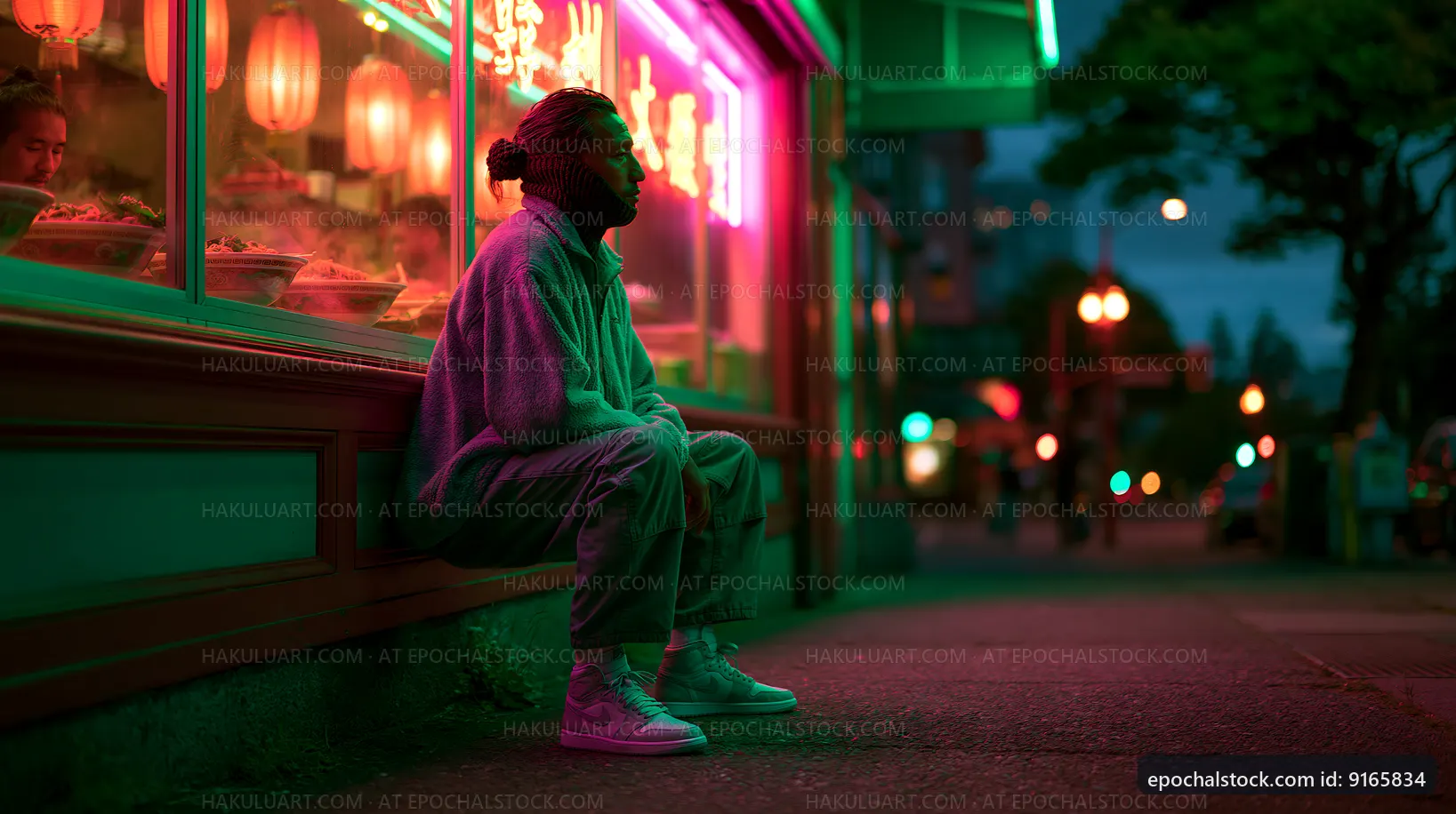 Man sitting on sidewalk near restaurant at night
