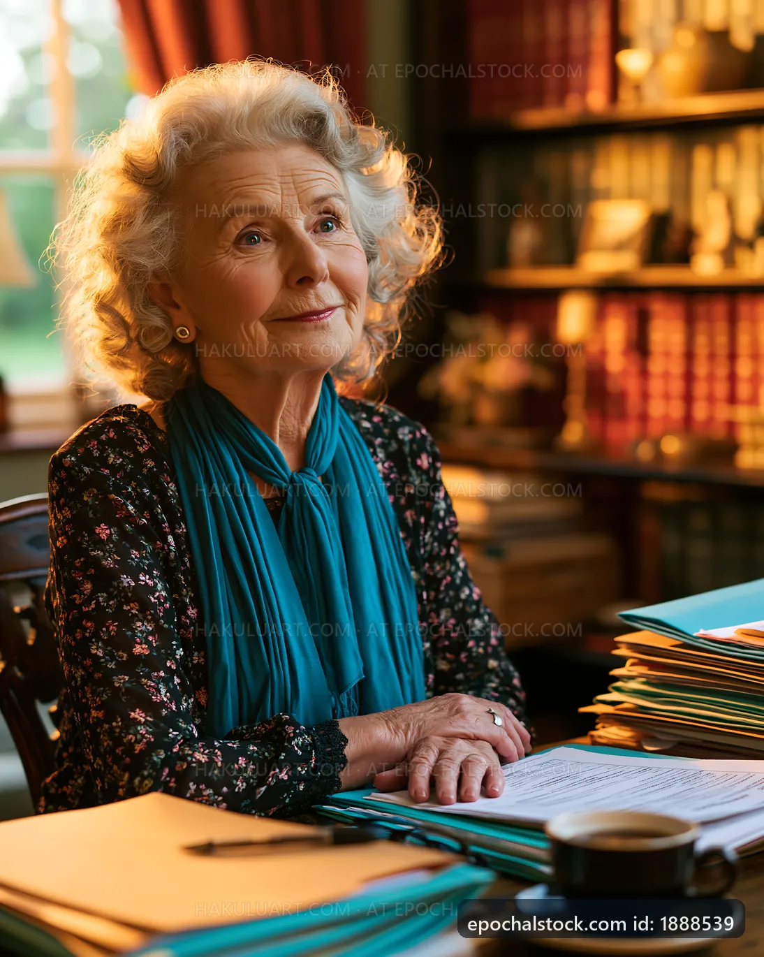 Elderly woman sitting at desk surrounded by files and documents