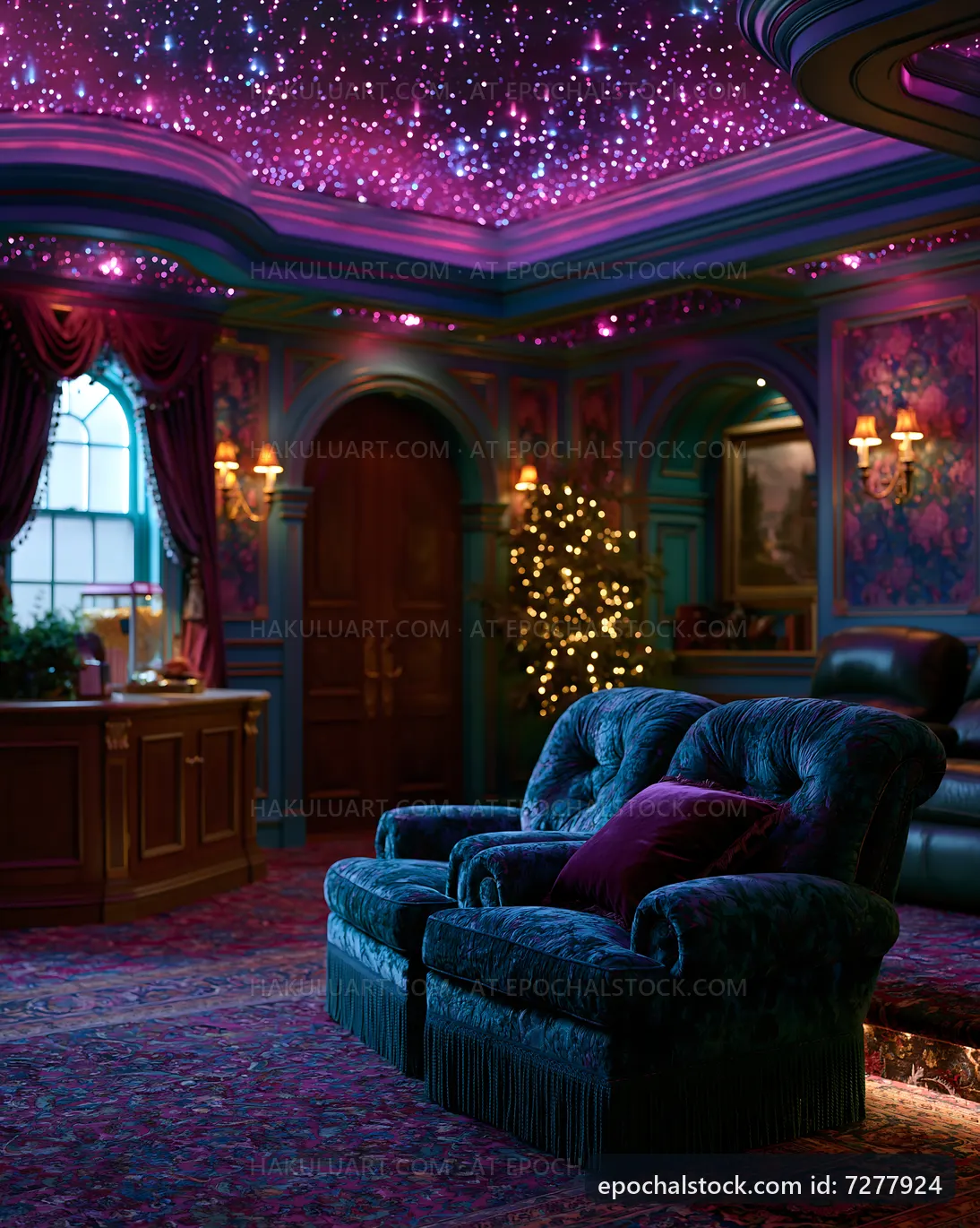 Cozy seating area with colorful ceiling and decorative lights