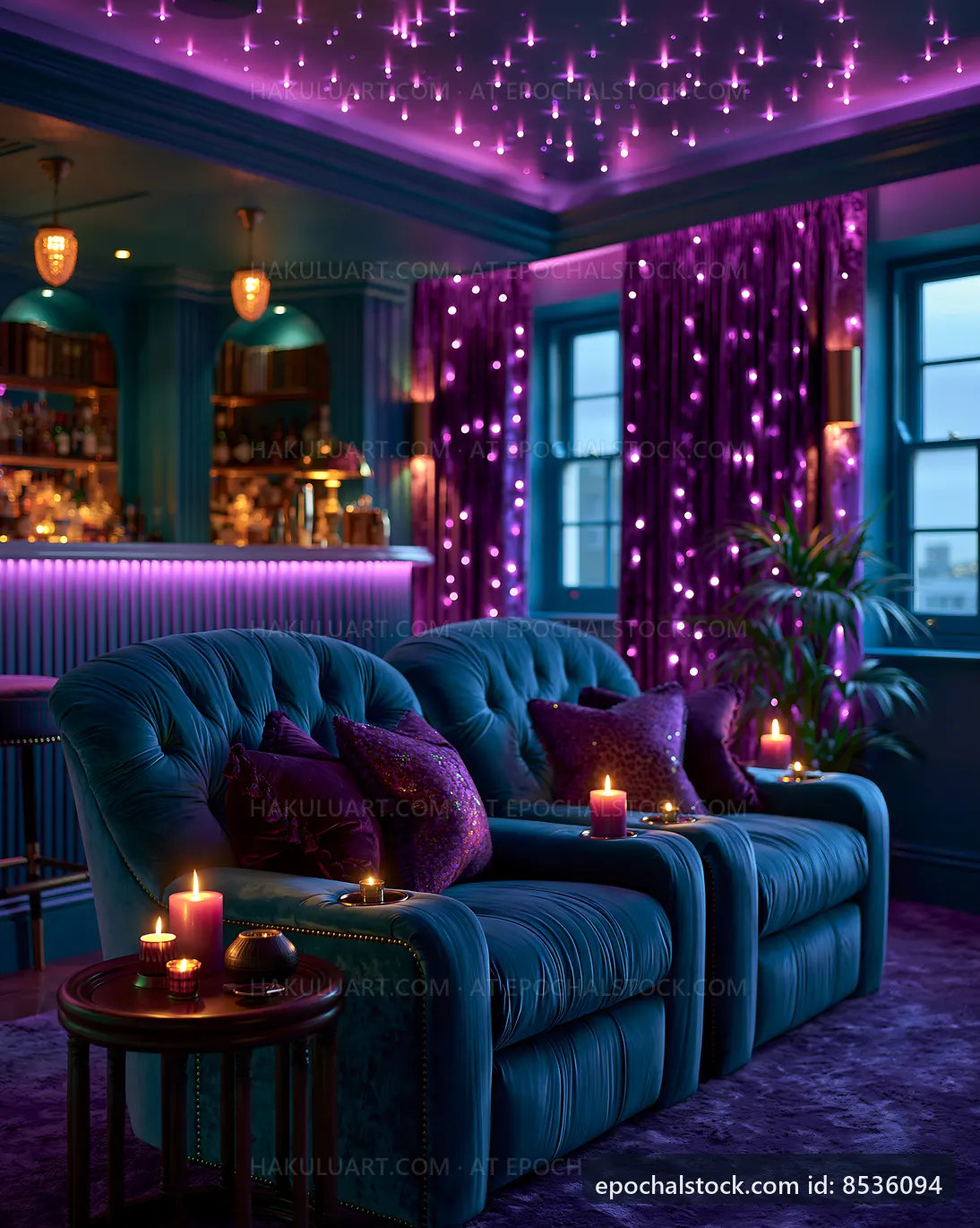 Stylish blue seating with purple lights and candles in bar area