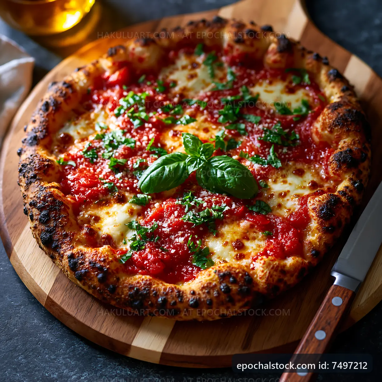 Freshly baked pizza on wooden board with herbs and cheese