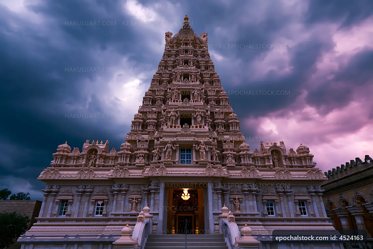 Beautiful temple against stormy sky in rural setting