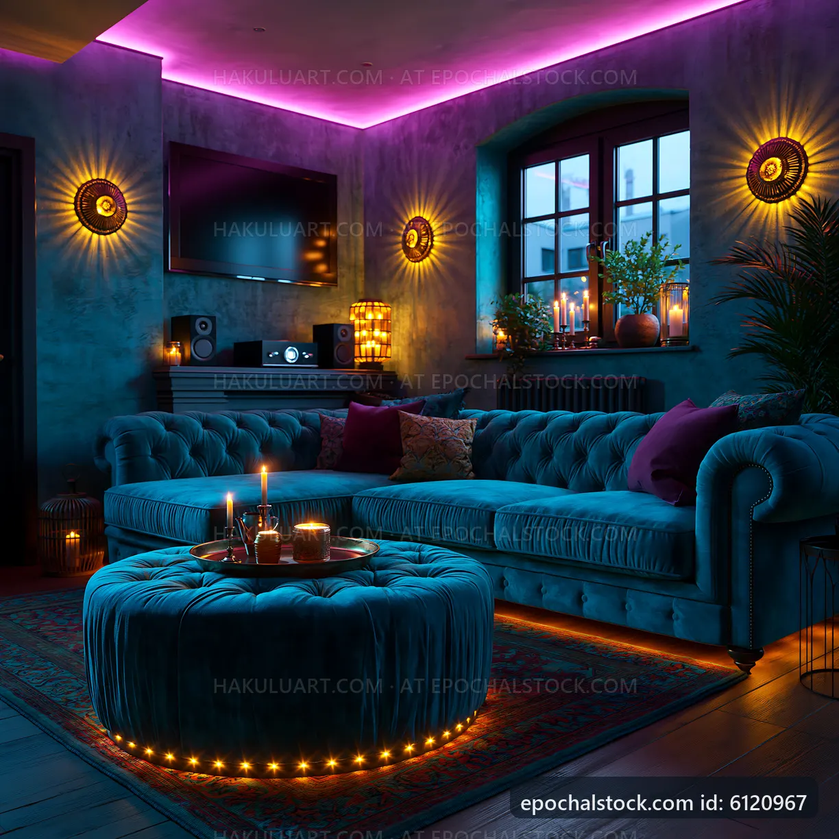 Cozy living room with blue sofa and warm lighting at night