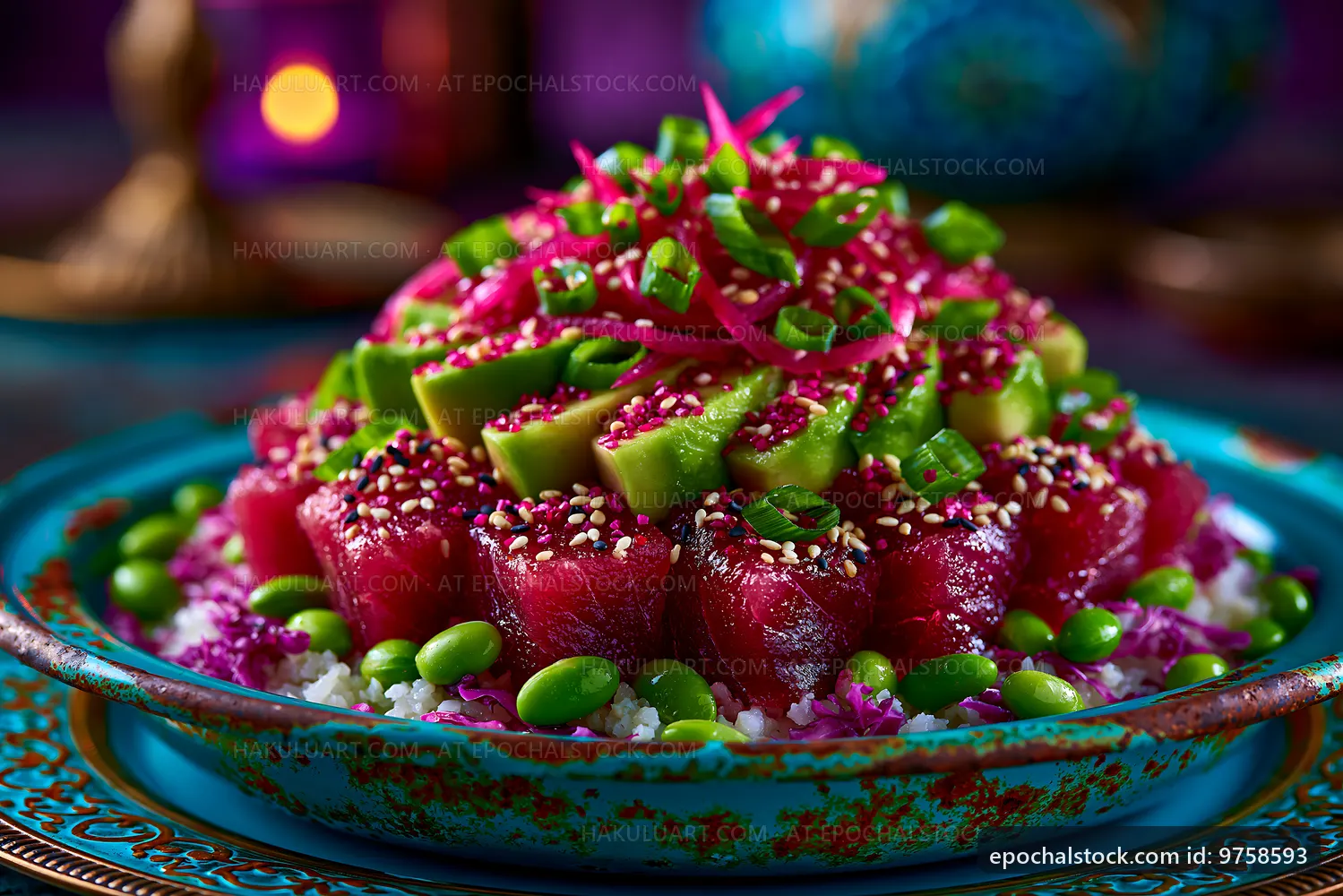 Colorful tuna poke bowl with various toppings