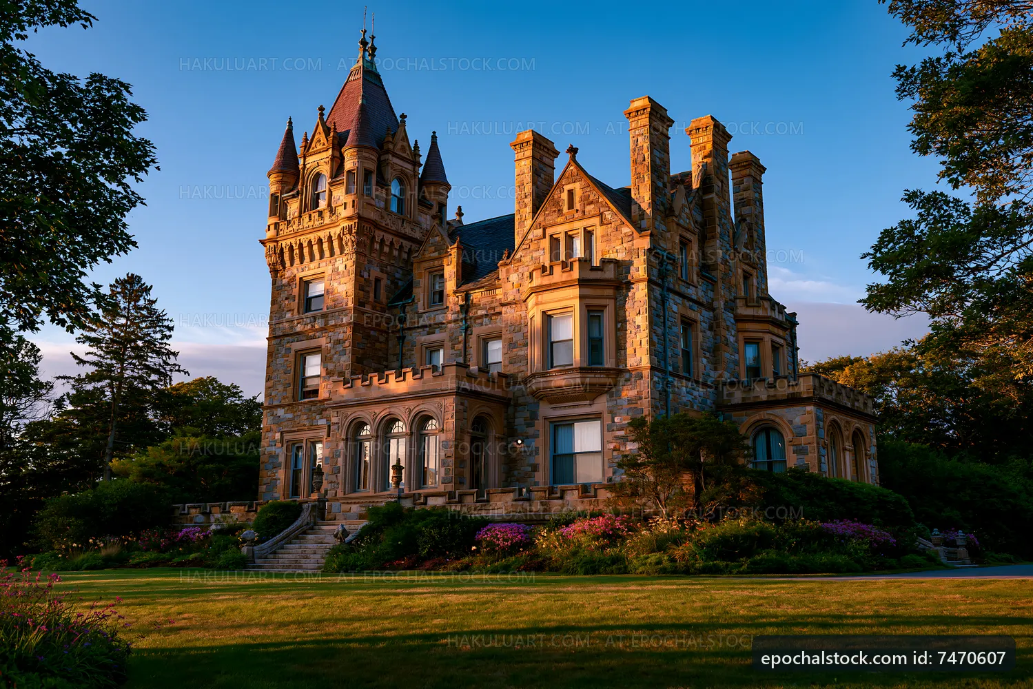 Historic mansion at sunset on landscaped grounds