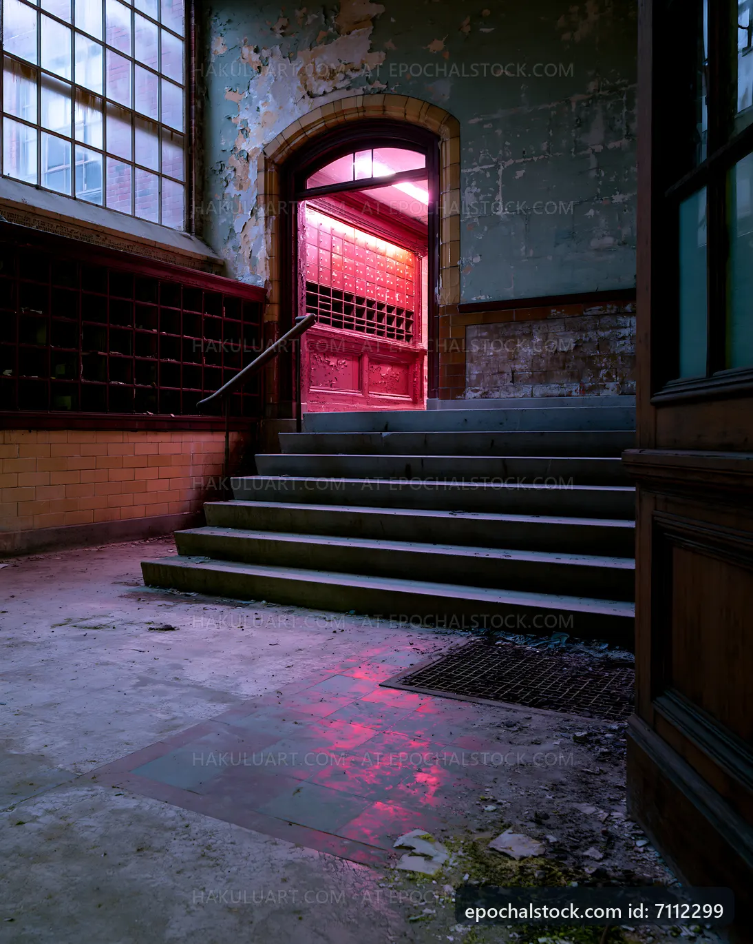 Stairs leading to a pink-lit doorway in an abandoned building