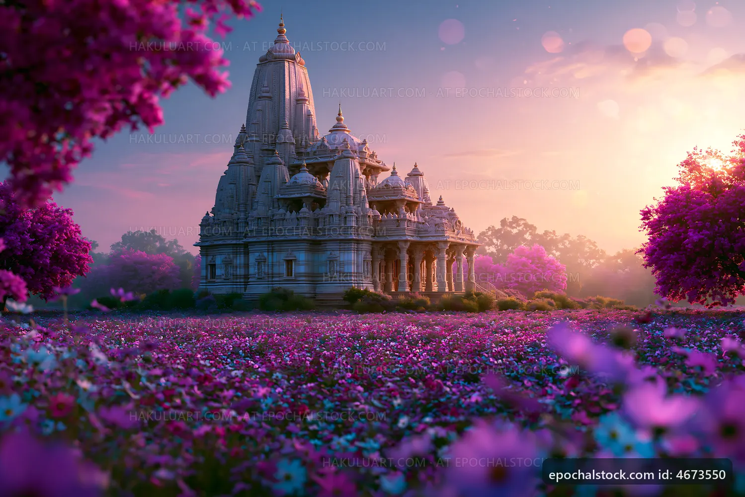 Temple surrounded by pink flowers at sunset