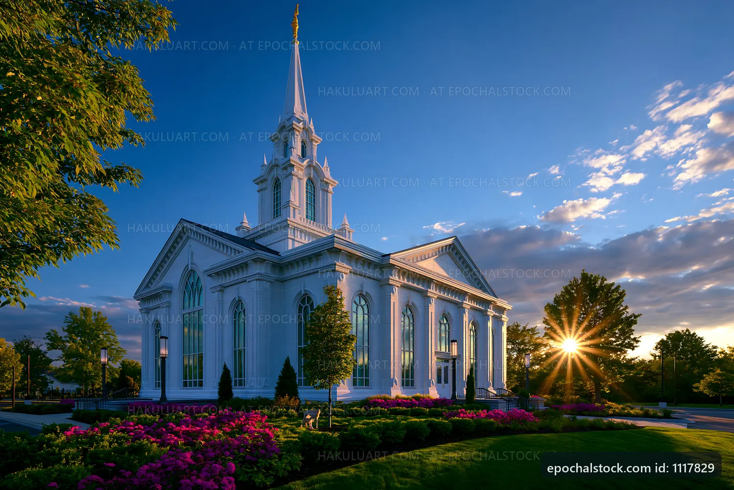 Church building with spire at sunset in a landscaped area