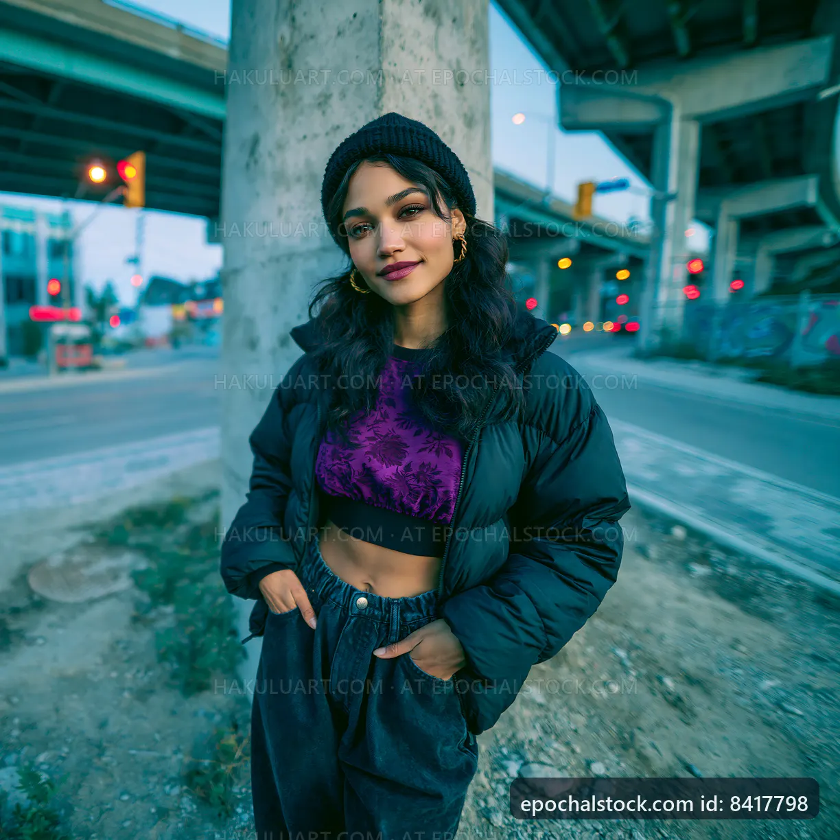 Portrait of a woman posing under an overpass in the city