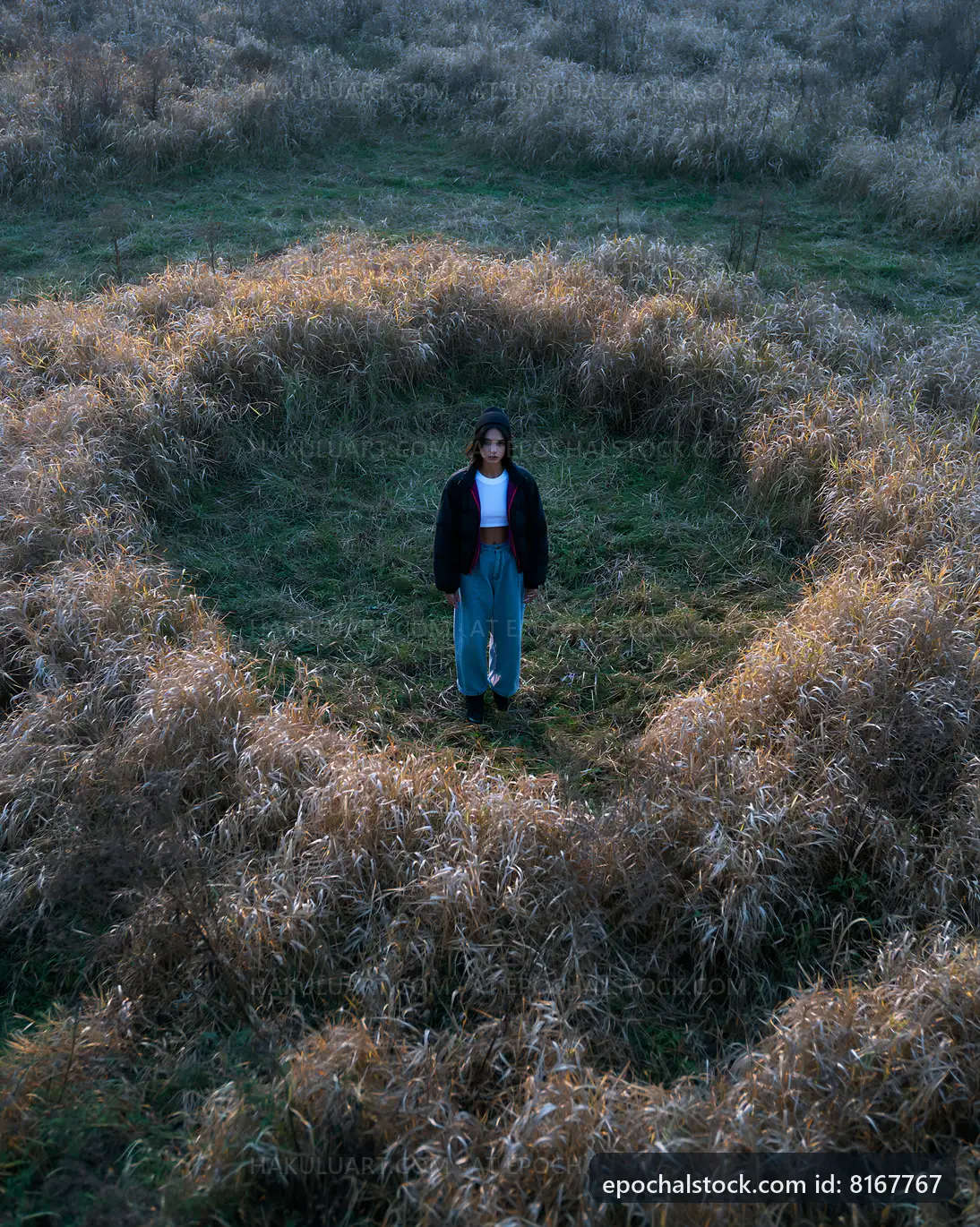 Person standing in a circular clearing surrounded by tall grass