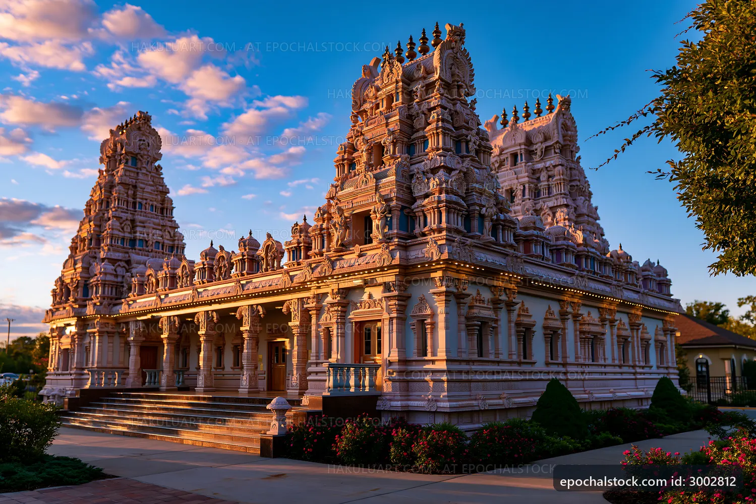 Beautiful temple architecture with intricate designs at sunset