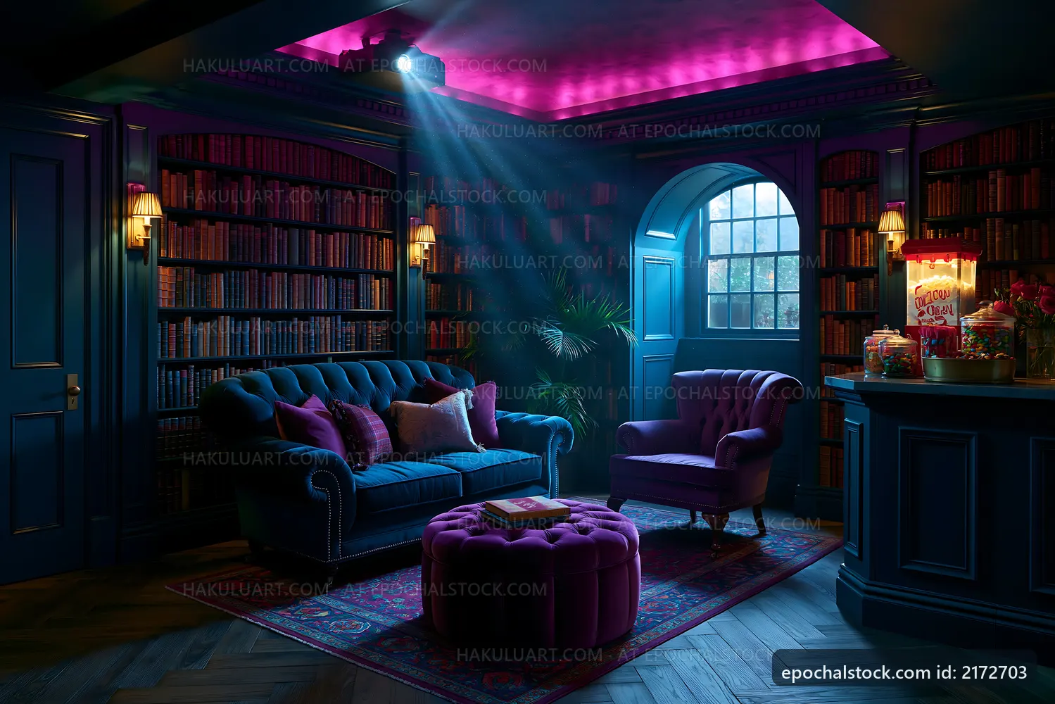 Cozy reading nook with blue walls and purple accents