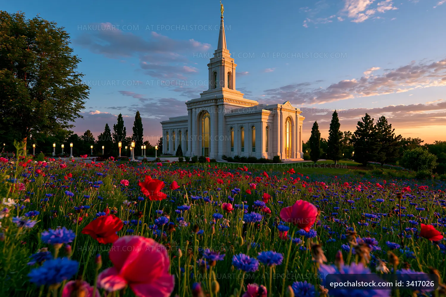 Flowers surround a temple at sunset