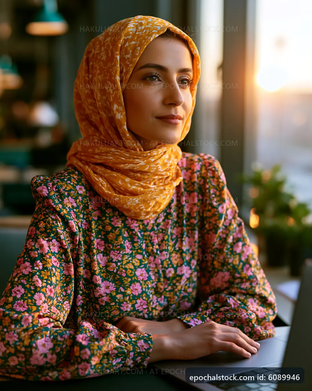 Woman sitting at a table with laptop and natural light around