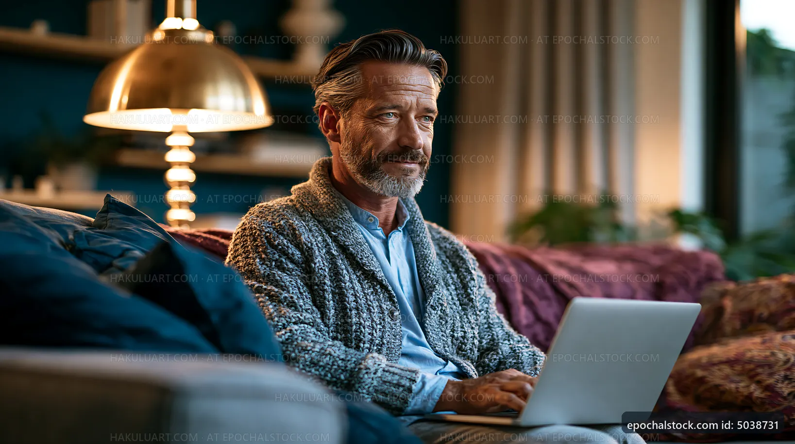 Man working on laptop at home in cozy living room