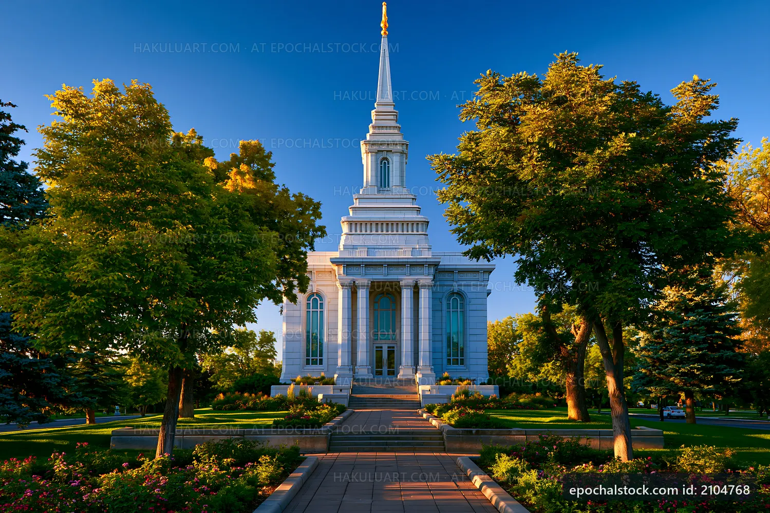 Grand church with spire surrounded by trees in the park