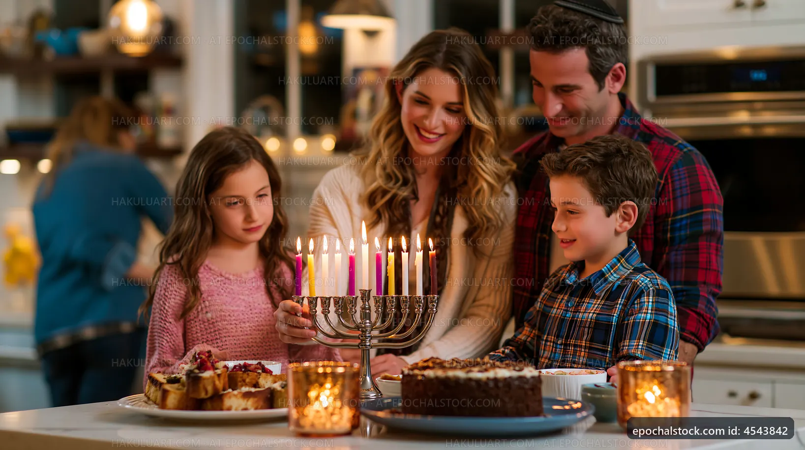 Family lighting candles during Hanukkah celebration at home