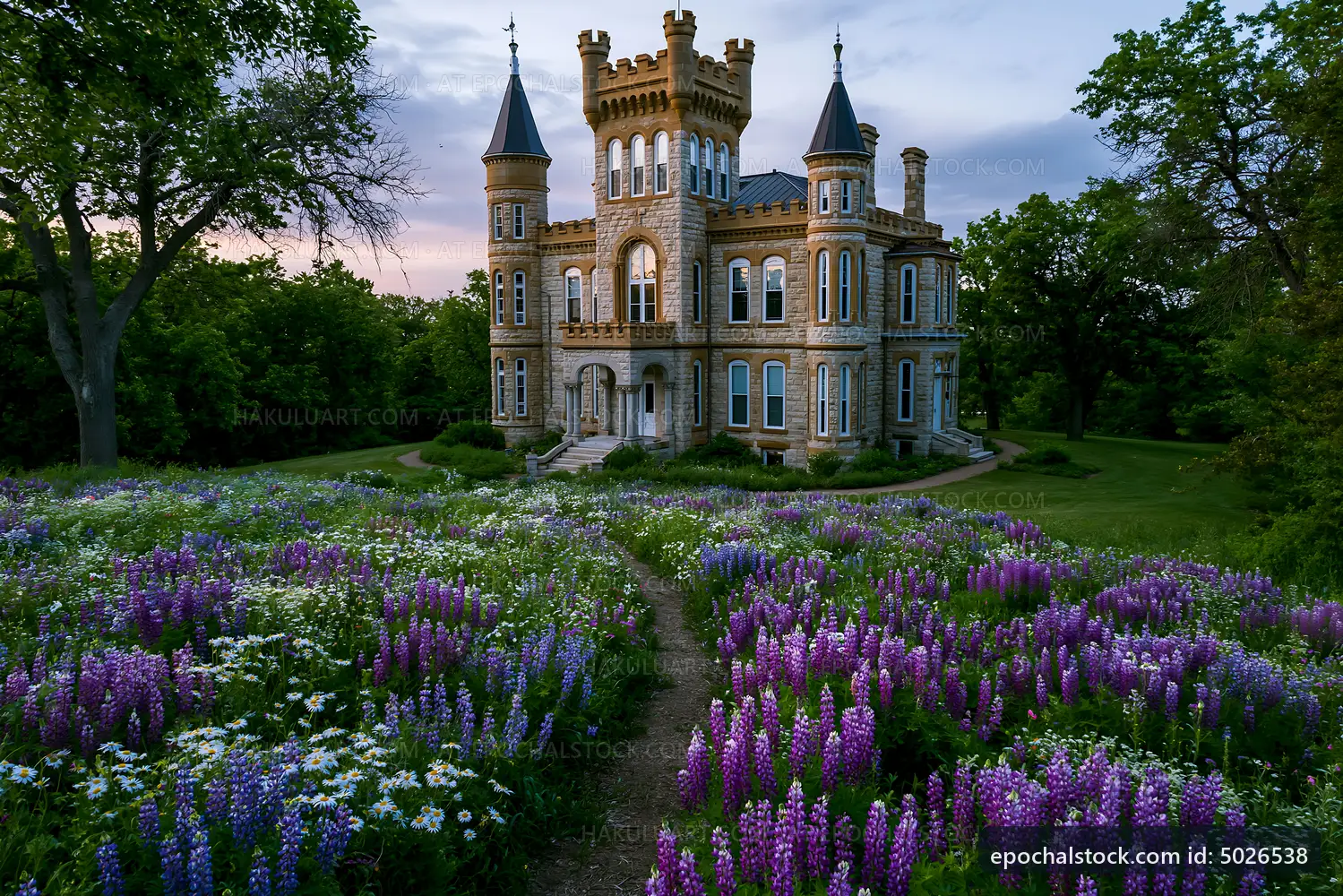 Historic castle surrounded by colorful wildflowers at sunset
