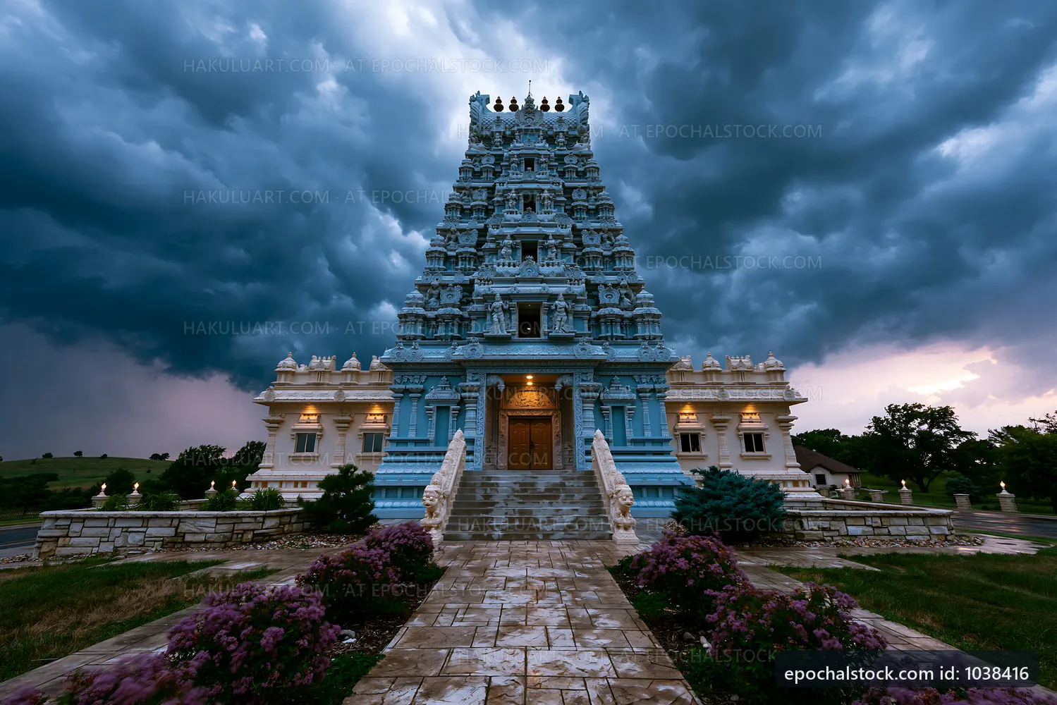 Stormy sky above a blue temple structure in rural area