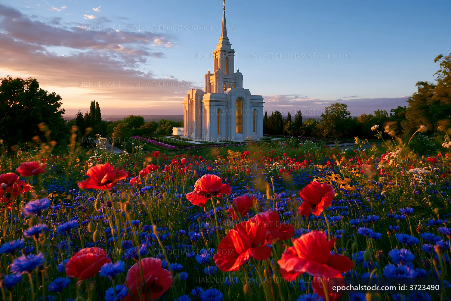 White temple surrounded by colorful flowers at sunset