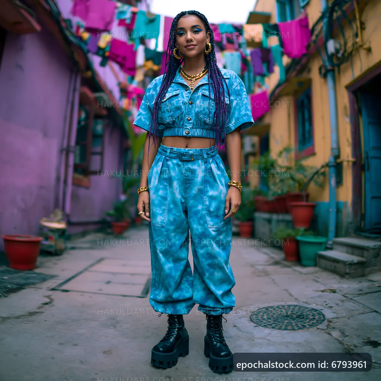 Woman in blue outfit standing in vibrant alleyway