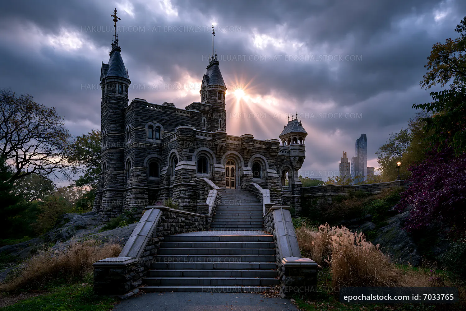 Mysterious castle with spires in a park at sunset