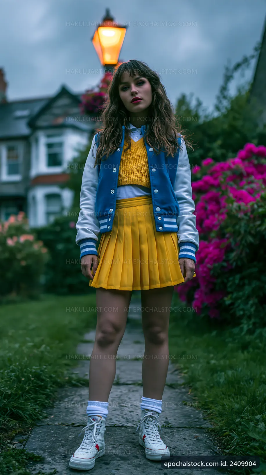 Young woman poses in park at dusk near colorful flowers