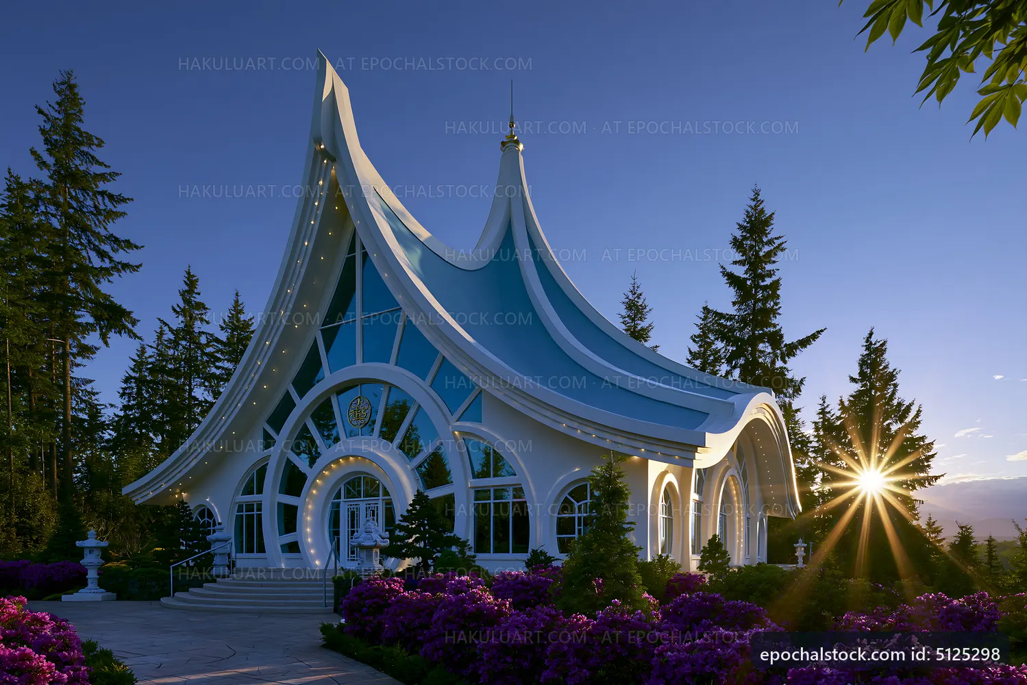Unique architectural structure beside blooming flowers at sunset