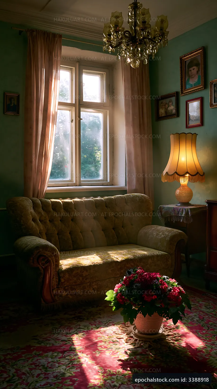 Cozy living room with vintage furniture and sunlight streaming in