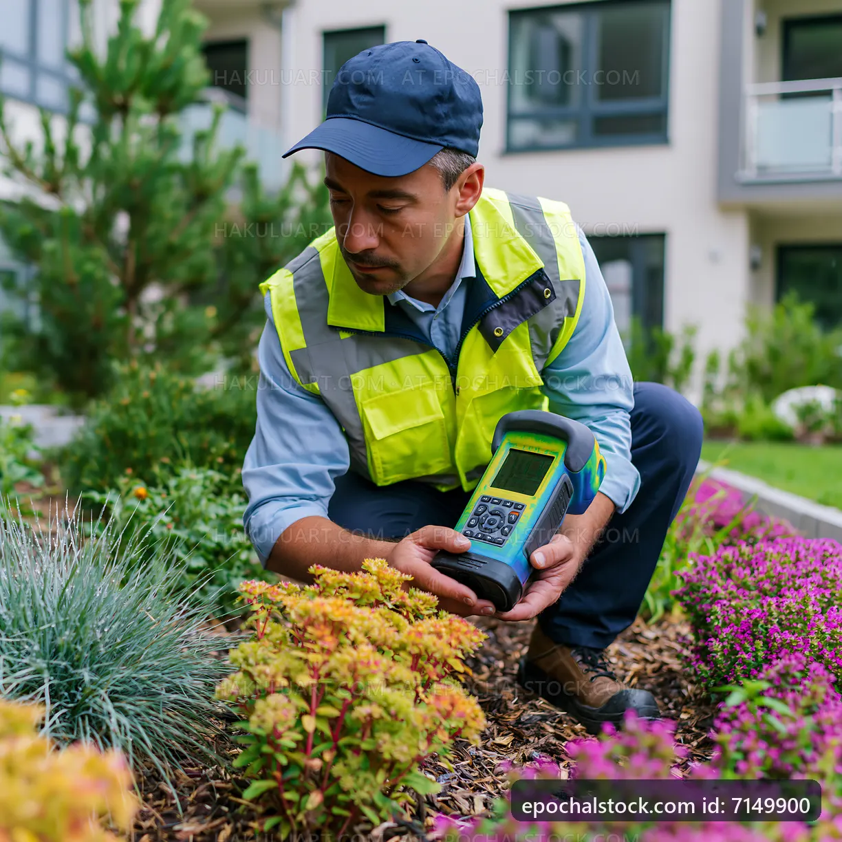 Gardener using tool to assess plants in urban landscape