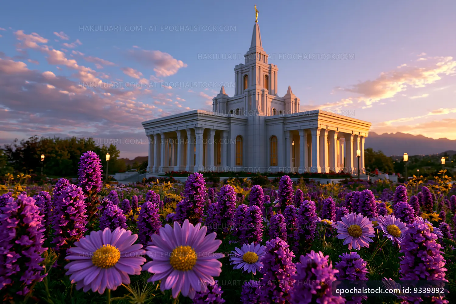 Building with flowers in foreground during sunset