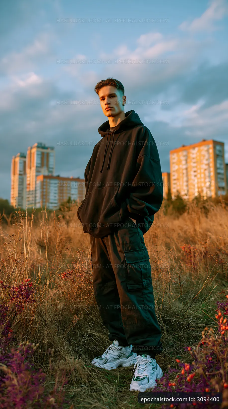 Casual man standing in a field near buildings at sunset