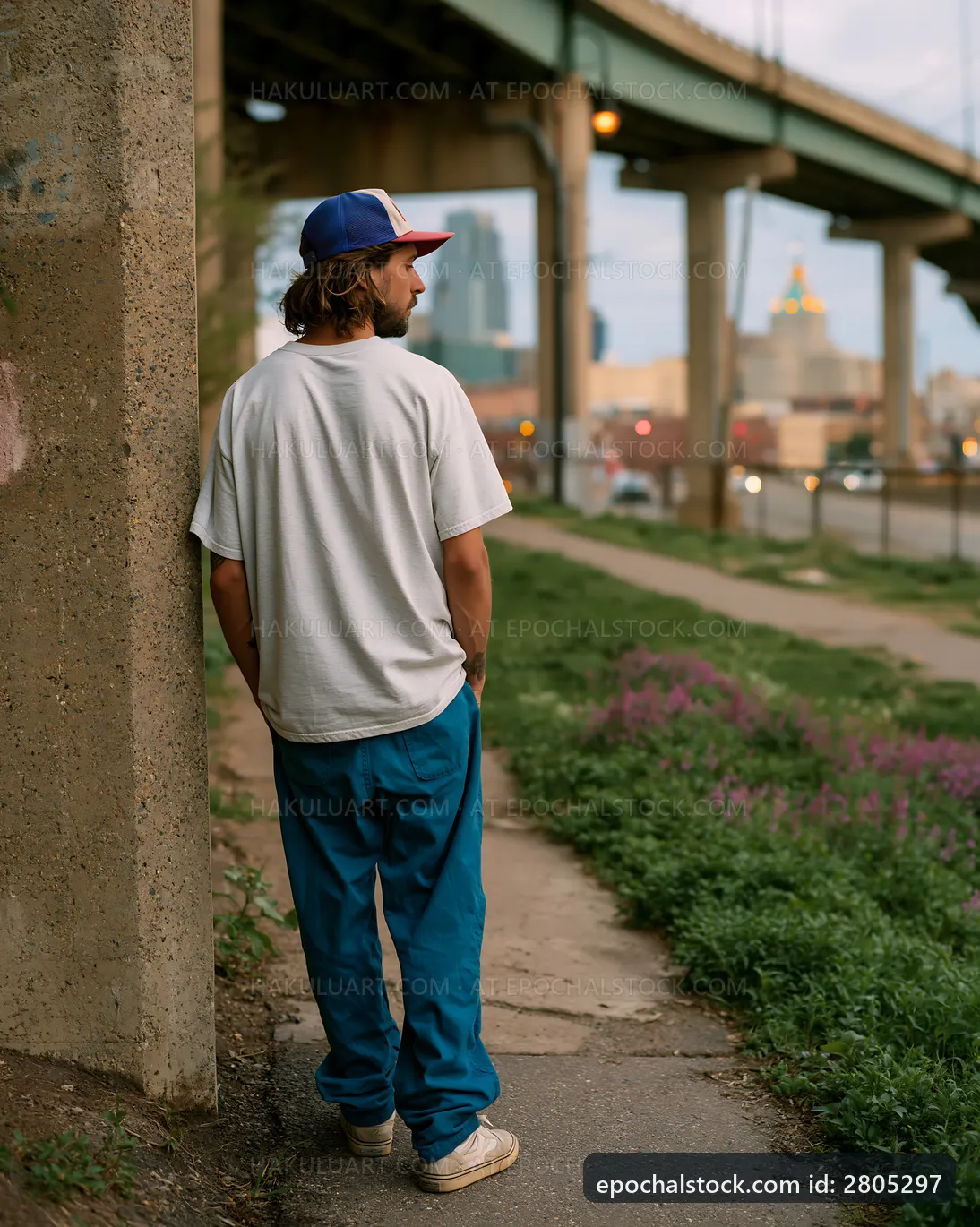 Man standing near a concrete pillar in an urban area